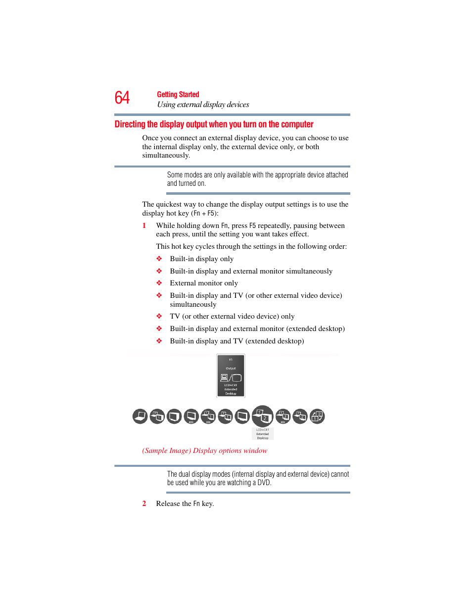 Directing the display output when you, Turn on the computer | Toshiba X205 User Manual | Page 64 / 233
