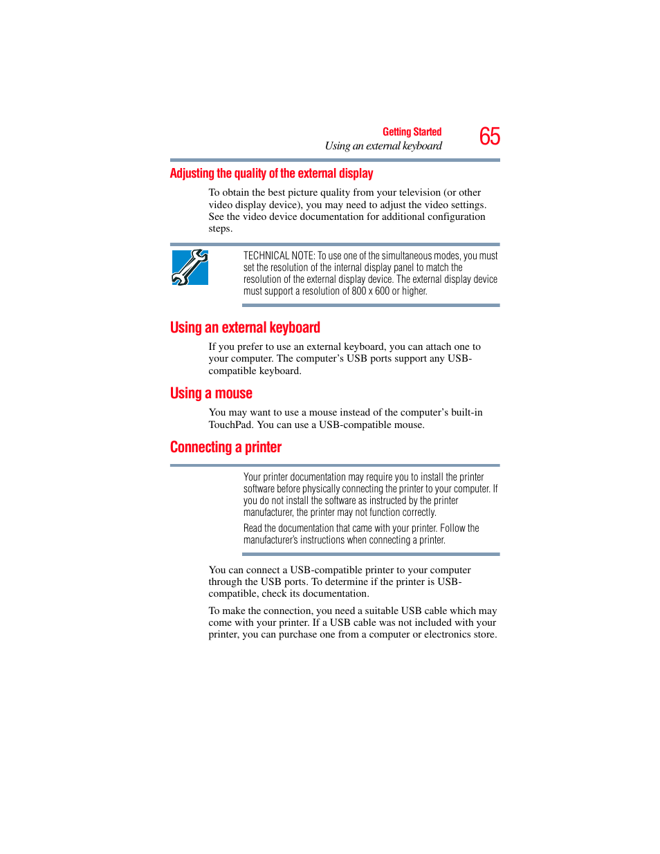 Adjusting the quality of the external display, Using an external keyboard, Using a mouse | Connecting a printer, Using an external | Toshiba X205 User Manual | Page 65 / 233