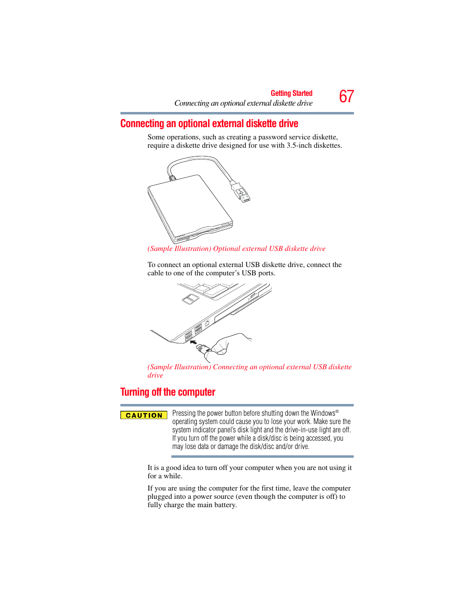 Connecting an optional external diskette drive, Turning off the computer, E (see | Connecting an | Toshiba X205 User Manual | Page 67 / 233