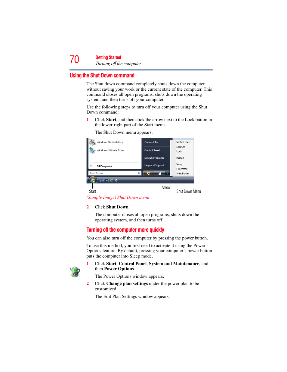 Using the shut down command | Toshiba X205 User Manual | Page 70 / 233