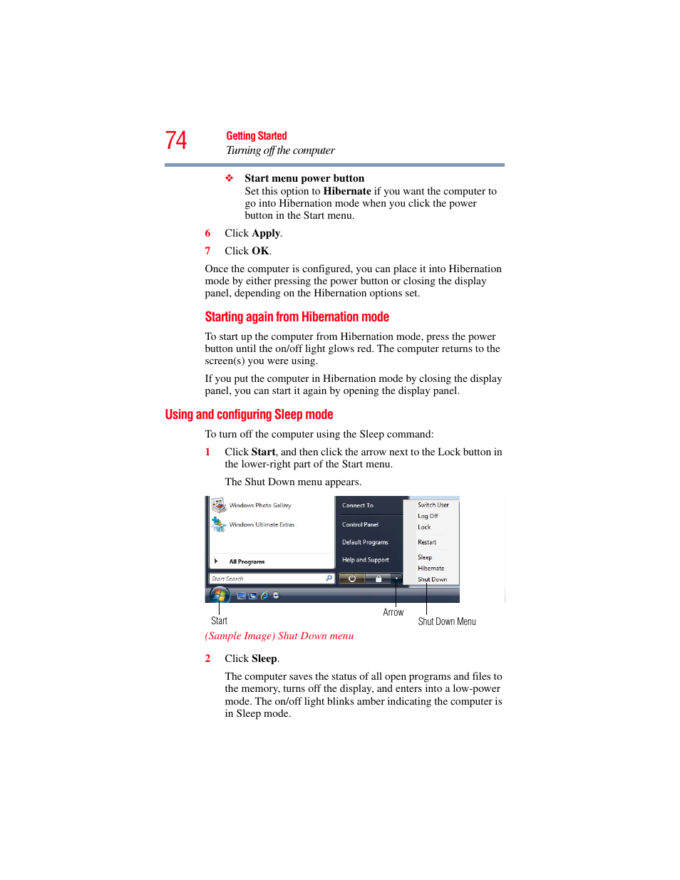 Using and configuring sleep mode | Toshiba X205 User Manual | Page 74 / 233