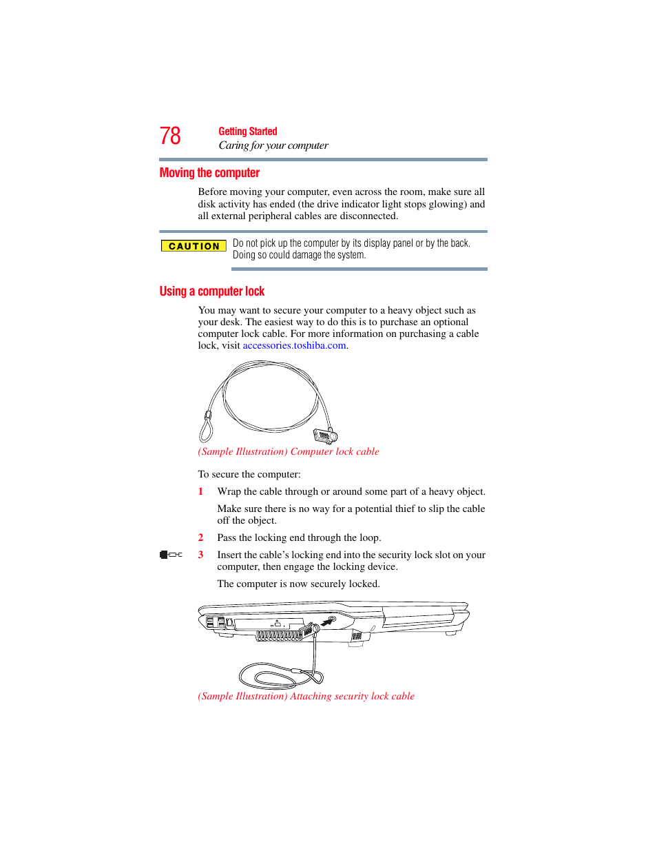 Moving the computer, Using a computer lock, Moving the computer using a computer lock | Toshiba X205 User Manual | Page 78 / 233