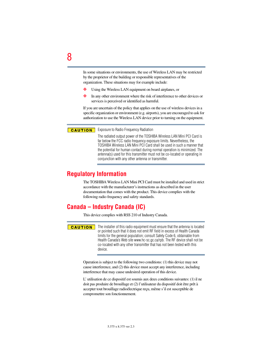 Regulatory information, Canada – industry canada (ic) | Toshiba X205 User Manual | Page 8 / 233