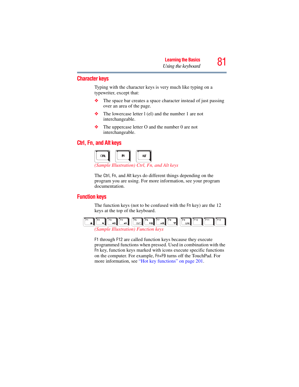 Character keys, Ctrl, fn, and alt keys, Function keys | Toshiba X205 User Manual | Page 81 / 233