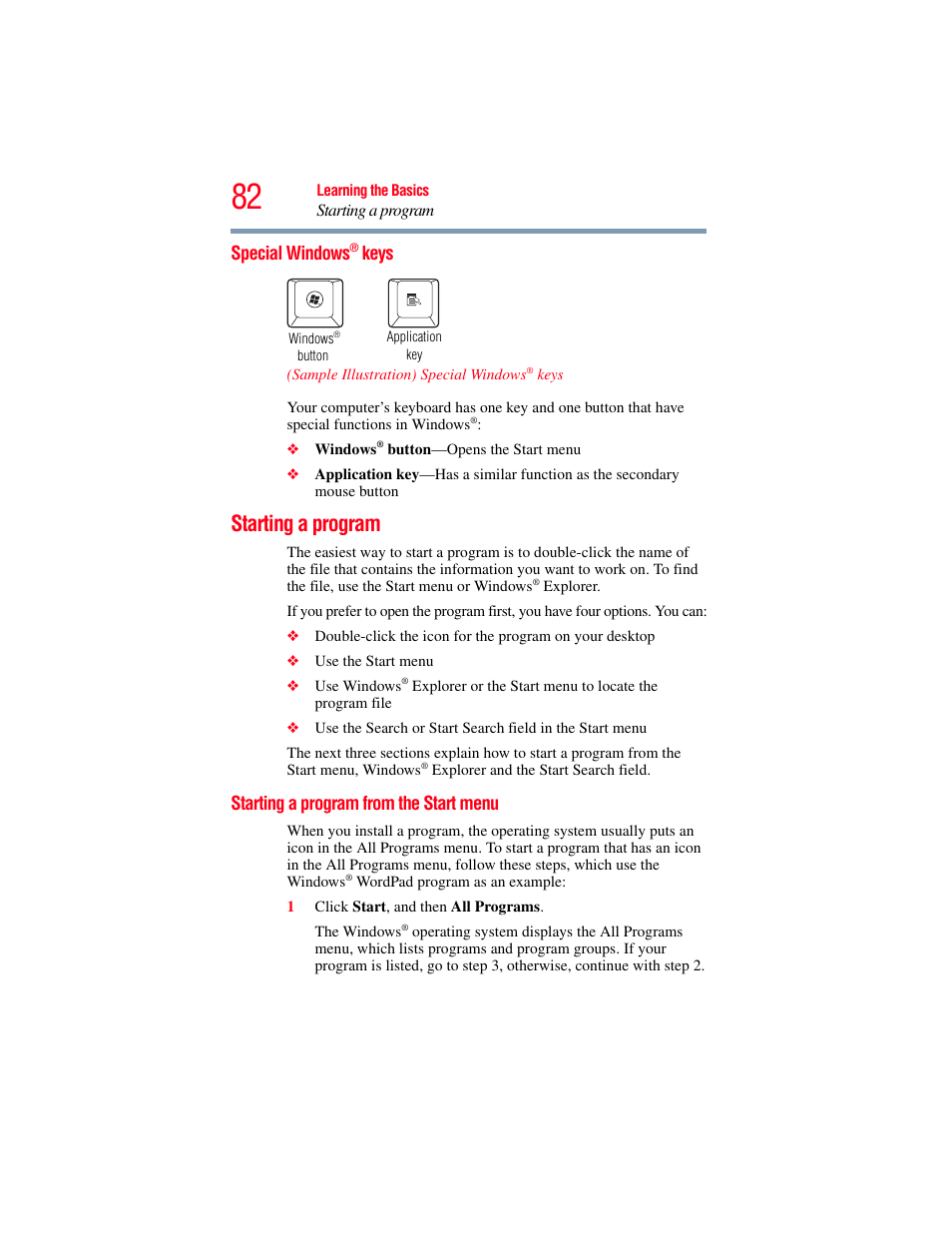 Special windows® keys, Starting a program, Starting a program from the start menu | Special windows, Keys | Toshiba X205 User Manual | Page 82 / 233