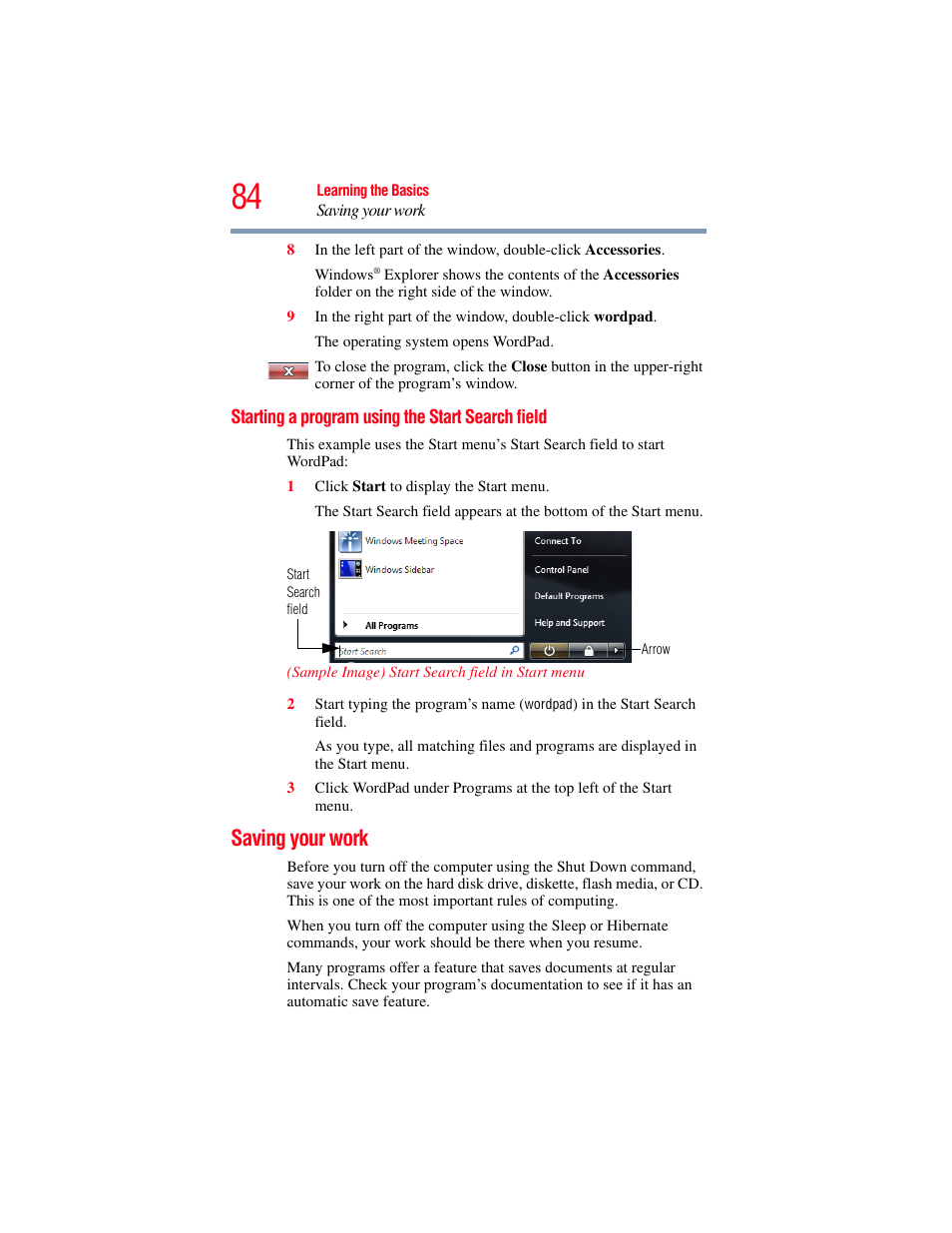 Starting a program using the start search field, Saving your work, Starting a program using the start search | Field | Toshiba X205 User Manual | Page 84 / 233