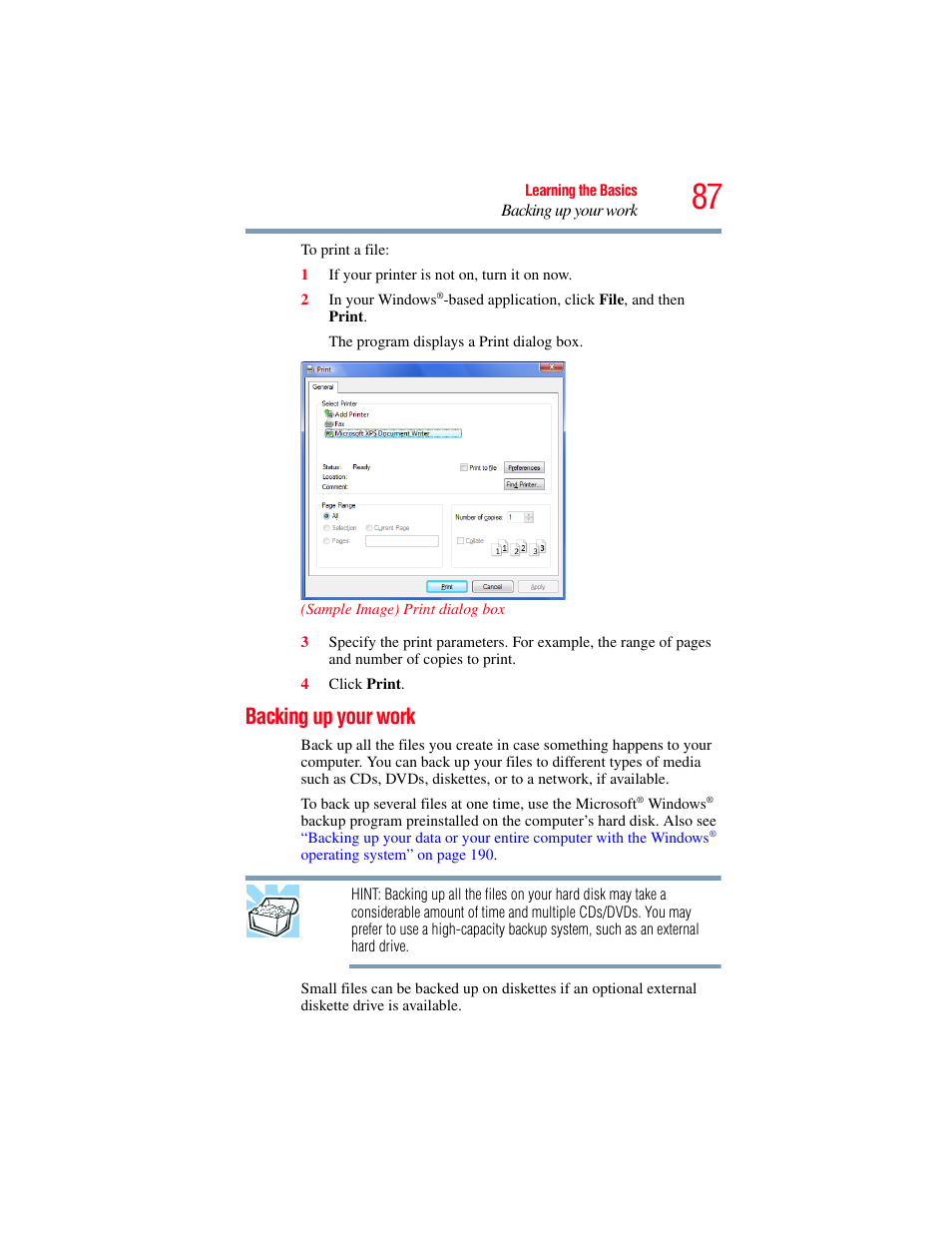 Backing up your work | Toshiba X205 User Manual | Page 87 / 233