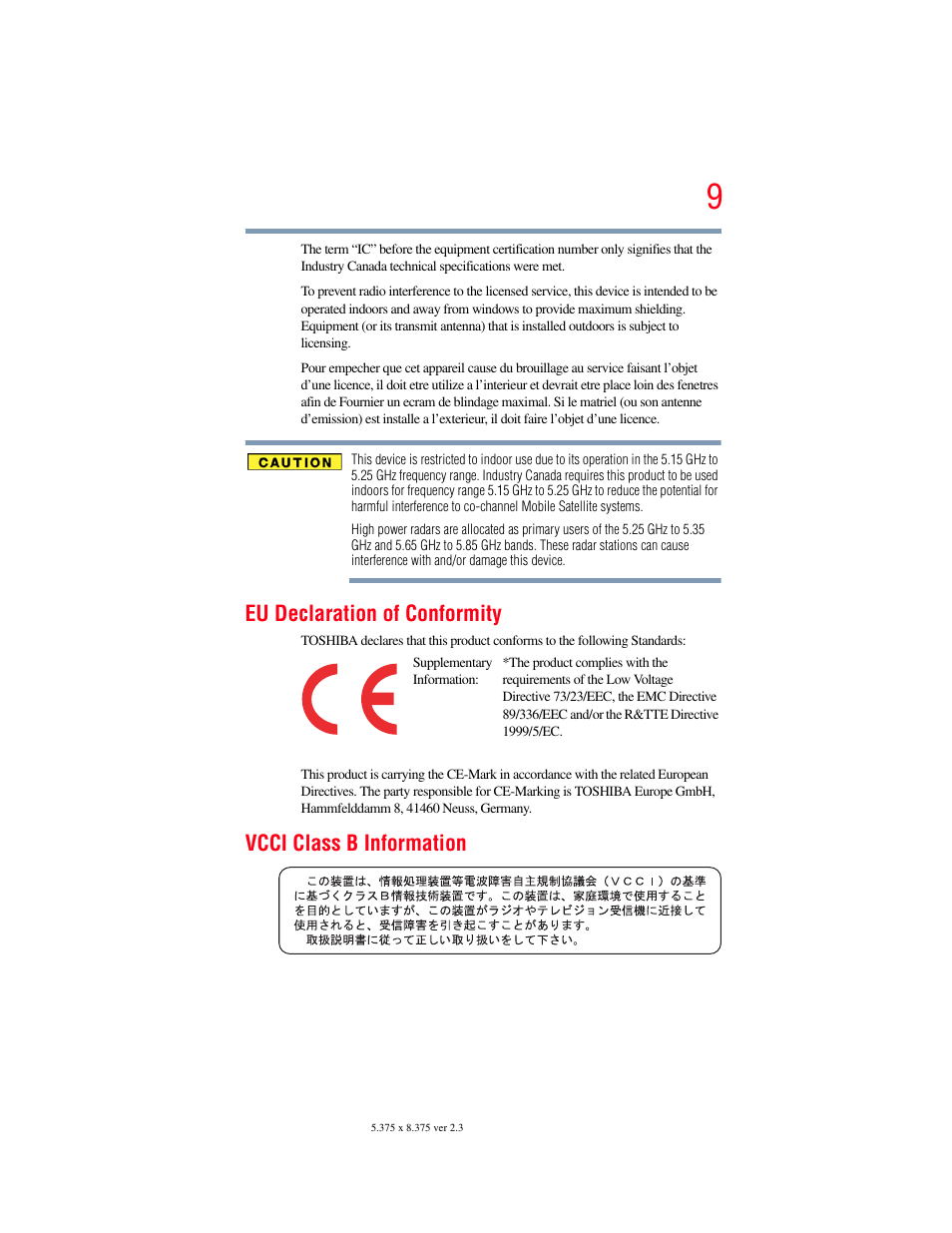 Eu declaration of conformity, Vcci class b information | Toshiba X205 User Manual | Page 9 / 233