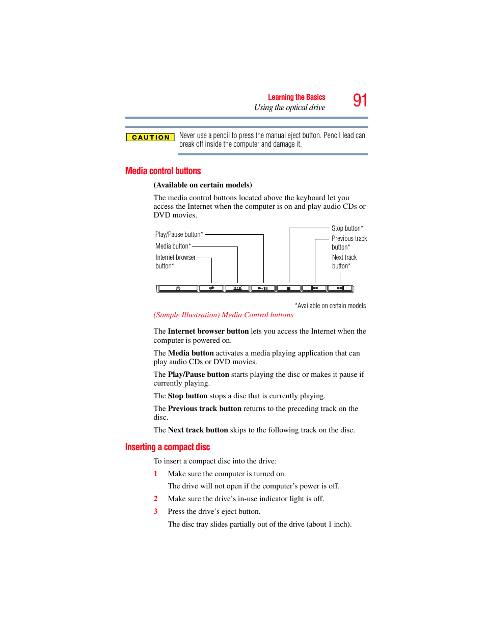 Media control buttons, Inserting a compact disc, Media control buttons inserting a compact disc | Toshiba X205 User Manual | Page 91 / 233