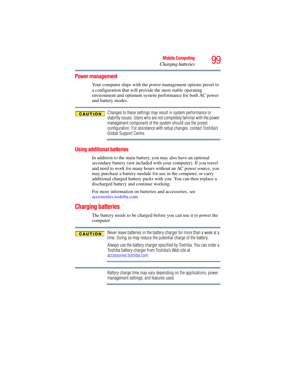 Power management, Using additional batteries, Charging batteries | Power management using additional batteries | Toshiba X205 User Manual | Page 99 / 233