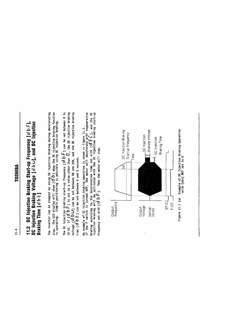 2 dc injection braking start-up frequency [c/bf, Dc injection braking voltage, D b u ] t | And dc injection, Braking time, D b b, 4 toshiba, D b f, D e c, D b u | Toshiba VF-SX User Manual | Page 111 / 170