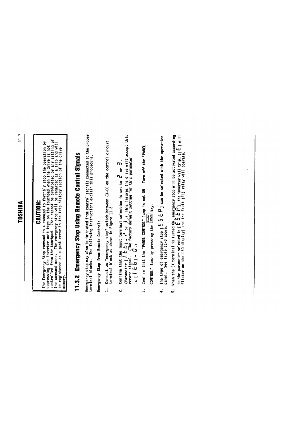 Caution, 2 emergency stop using remote control signals, 2 emergency stop using remote control signals -7 | F 5 t p, E 5 fc p, Toshiba 11-7, I t b ] - 3 | Toshiba VF-SX User Manual | Page 114 / 170