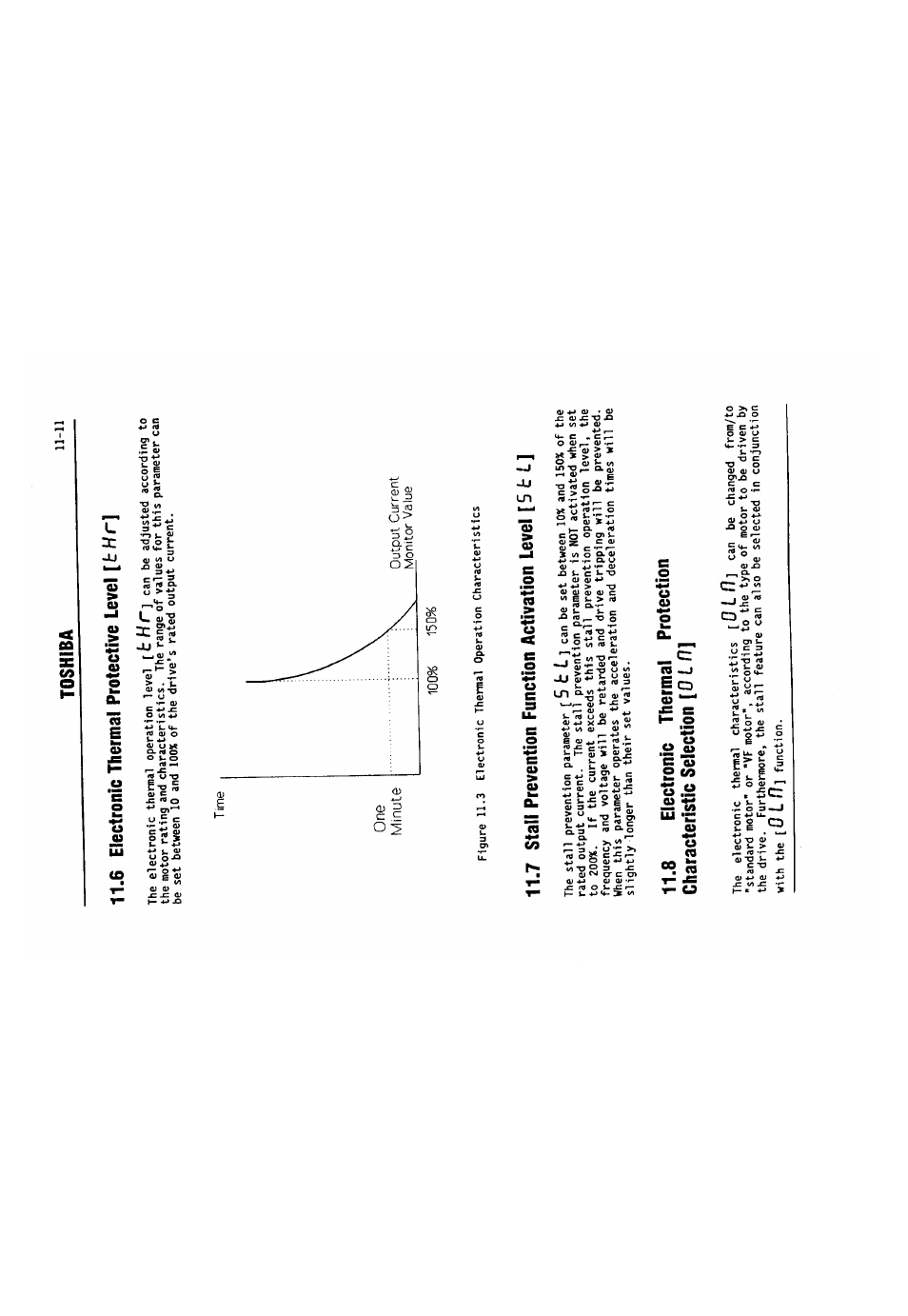 6 electronic thermal protective level [t hr, 7 stall prevention function activation level [5 11, 6 electronic thermal protective level | 7 stall prevention function activation, Level, 5 fc, 5 t l, 0 til, Toshiba 11-11, 0 l r i | Toshiba VF-SX User Manual | Page 118 / 170