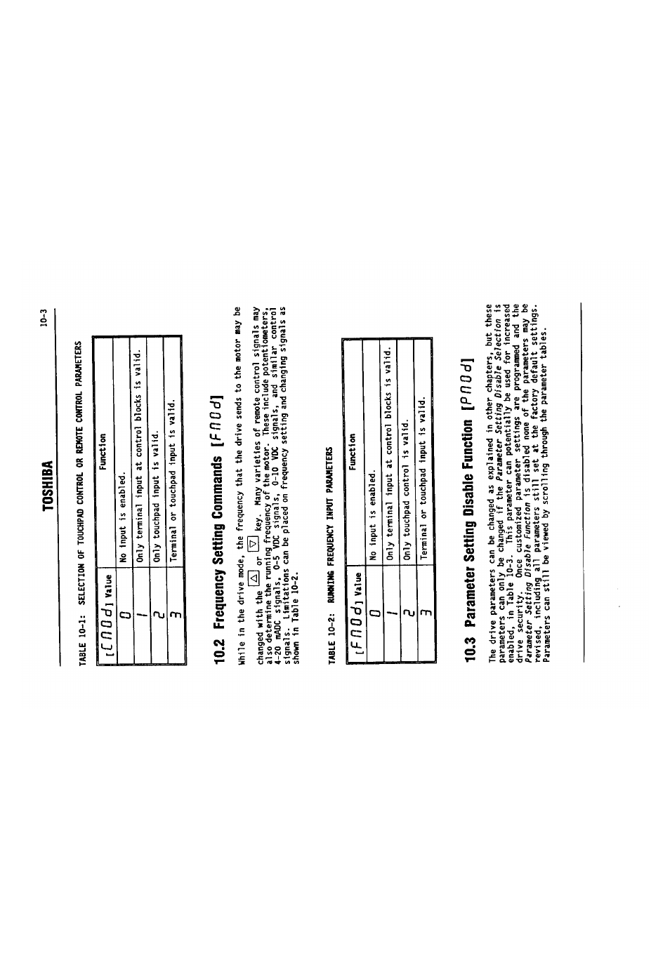 2 frequency setting commands [fhodj, 3 parameter setting disable function [pnod, 2 frequency setting commands [p | F l r d, 3 parameter setting disable function, Ic n 0 d, F n 0 dj, Toshiba, 3 parameter setting disable function [ p n o d | Toshiba VF-SX User Manual | Page 90 / 170