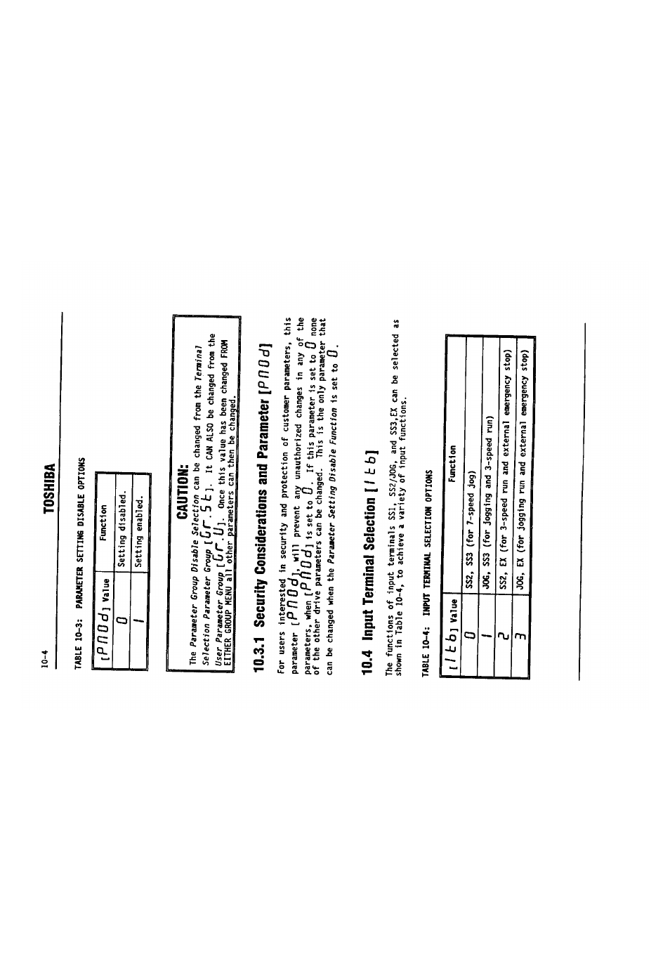 Caution, 1 security considerations and parameter ipflod, 4 input terminal selection [ / t b | 4 input terminal selection, I t b, P n 0 d, P ll 0 d, Toshiba | Toshiba VF-SX User Manual | Page 91 / 170