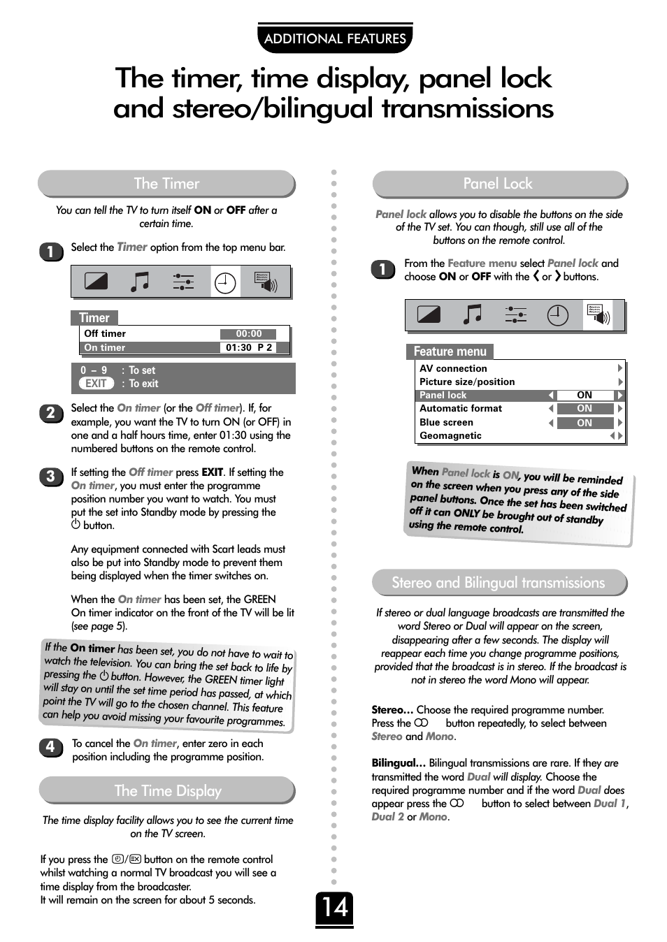 Panel lock, The timer stereo and bilingual transmissions | Toshiba 32ZD26P User Manual | Page 14 / 24