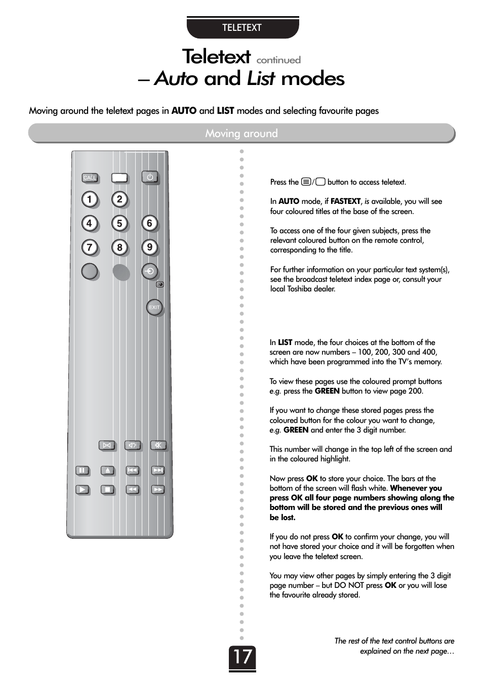 Teletext, Auto and list modes | Toshiba 32ZD26P User Manual | Page 17 / 24