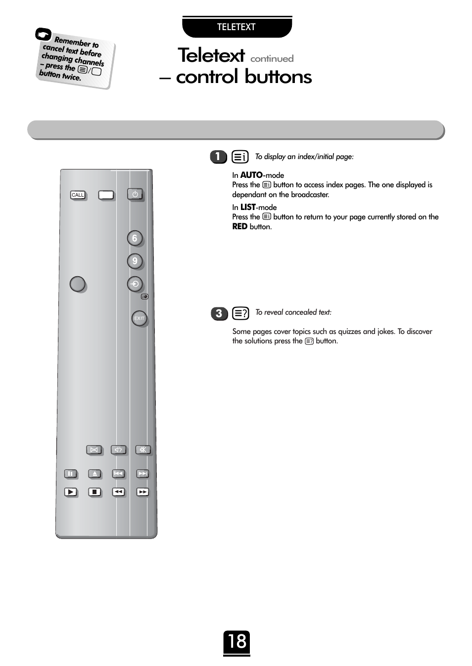 Teletext, Control buttons | Toshiba 32ZD26P User Manual | Page 18 / 24