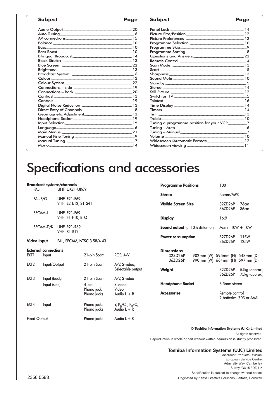 Specifications and accessories, Subject page subject page, Toshiba information systems (u.k.) limited | Toshiba 32ZD26P User Manual | Page 24 / 24