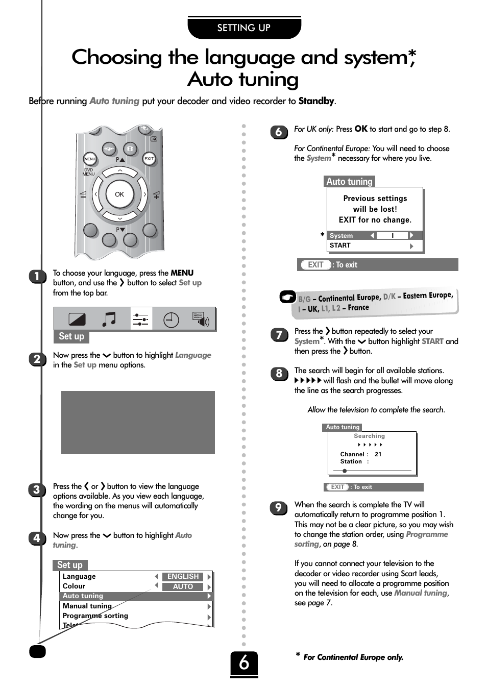 Choosing the language and system*, auto tuning, Xx xx xx xx xx | Toshiba 32ZD26P User Manual | Page 6 / 24