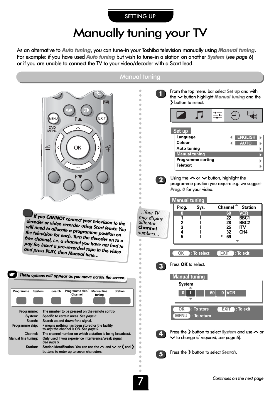 Manually tuning your tv, Manual tuning, Setting up | Set up | Toshiba 32ZD26P User Manual | Page 7 / 24