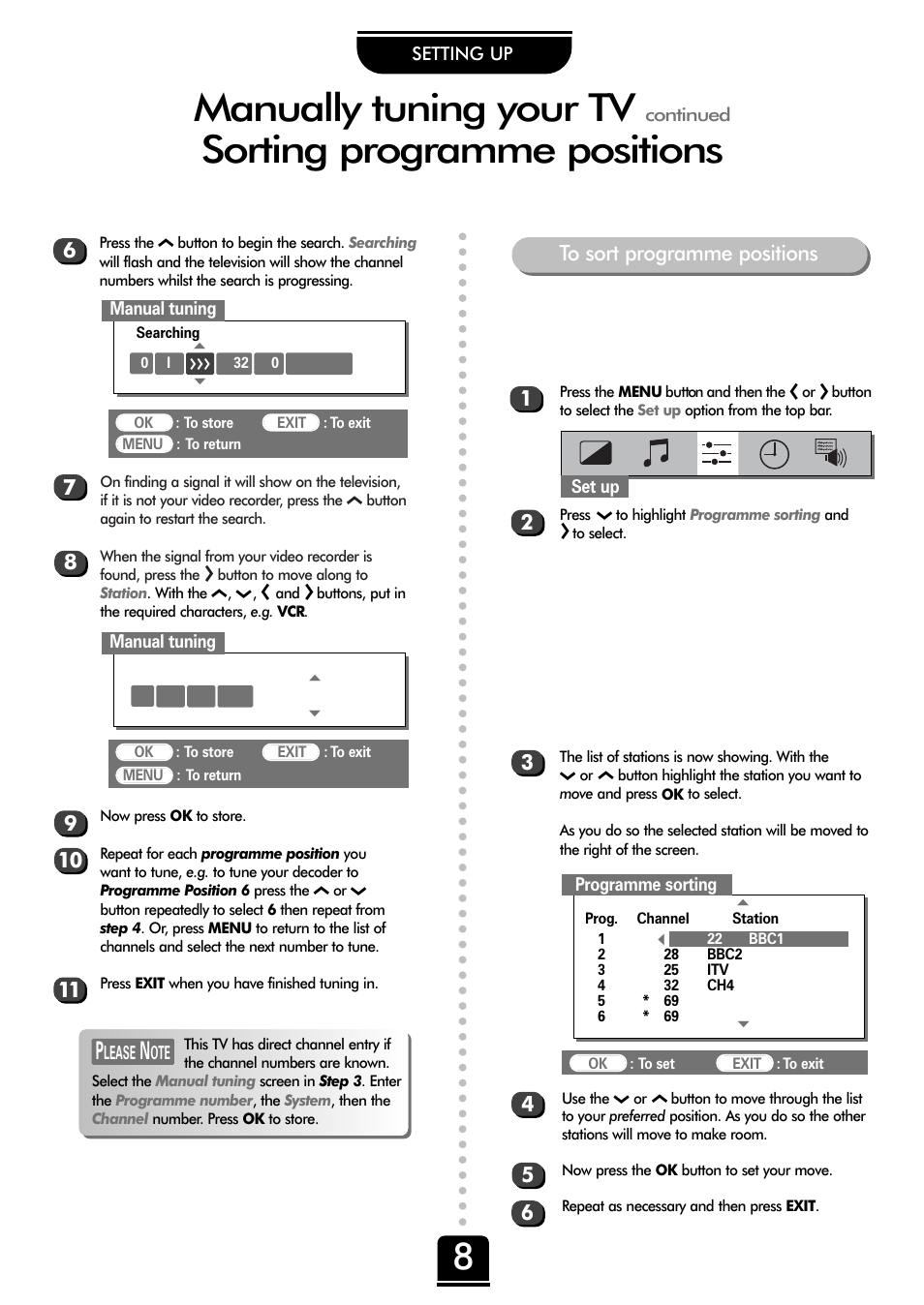 Manually tuning your tv, Sorting programme positions | Toshiba 32ZD26P User Manual | Page 8 / 24