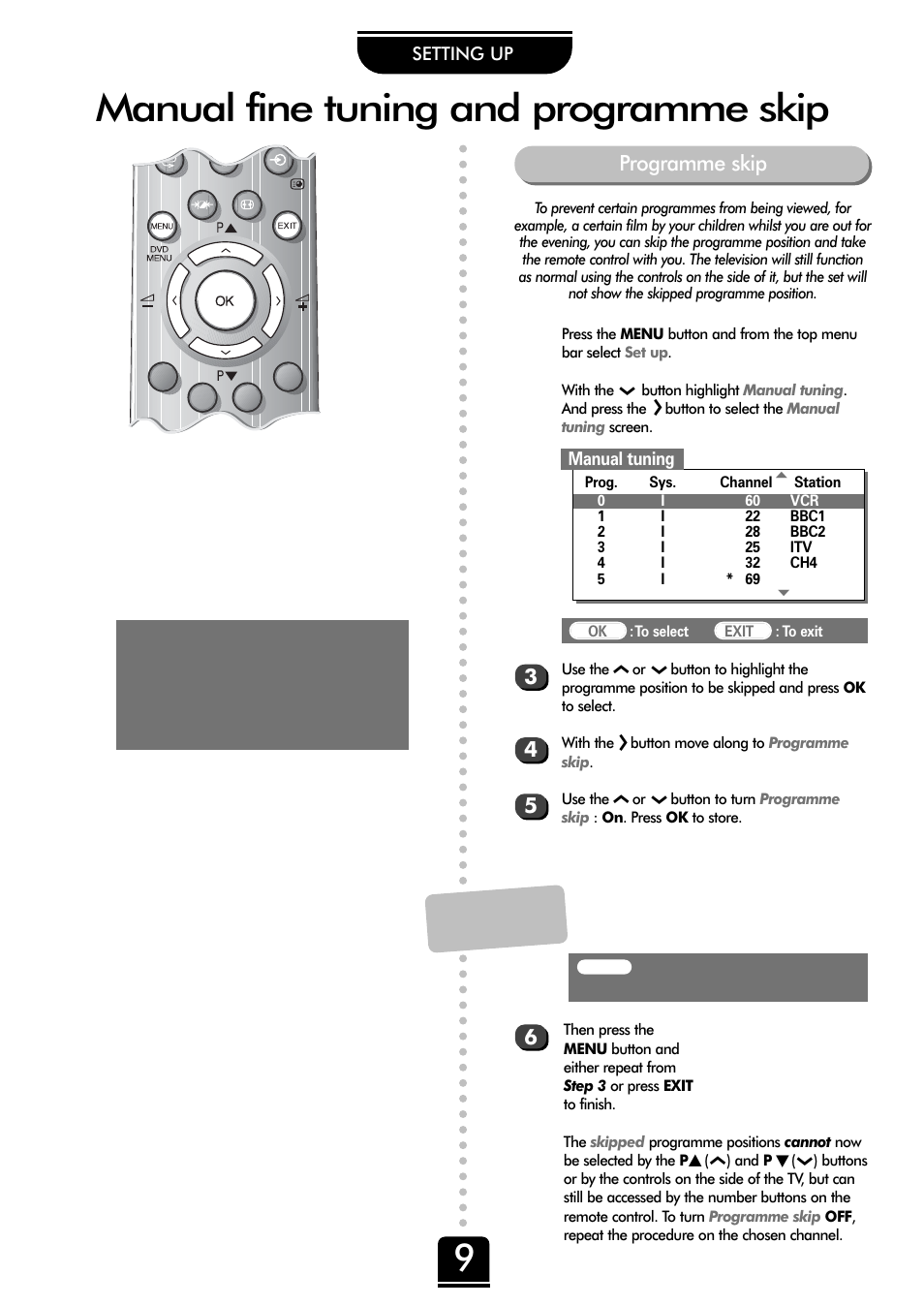 Manual fine tuning and programme skip, 34 5 6 programme skip | Toshiba 32ZD26P User Manual | Page 9 / 24