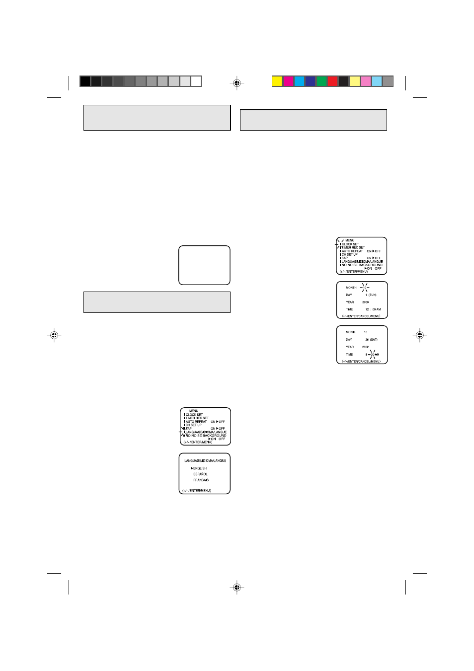 15 setting the video channel, Setting the clock, Language selection | Toshiba W525 User Manual | Page 15 / 28