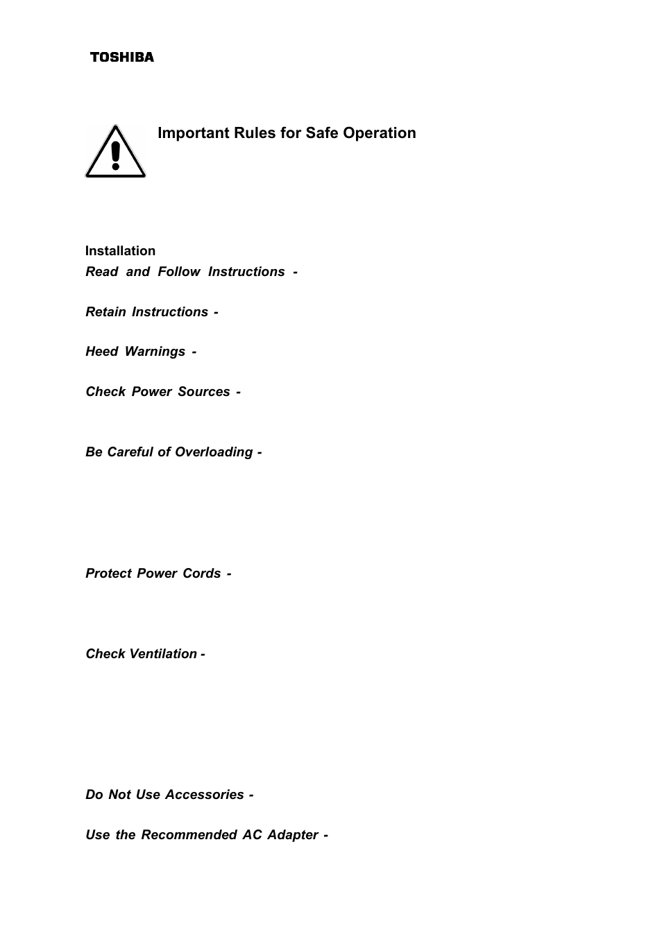 Important rules for safe operation | Toshiba DAZ8821F/S User Manual | Page 5 / 22