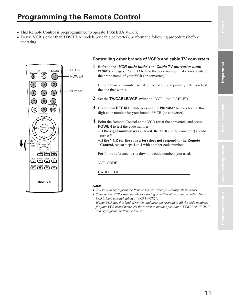 Programming the remote control | Toshiba Color Television 27A40 User Manual | Page 11 / 36