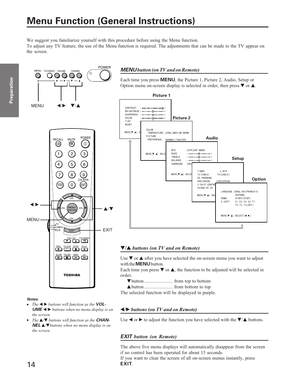 Menu function (general instructions, Menu function (general instructions), Menu button (on tv and on remote) | Buttons (on tv and on remote), T / s buttons (on tv and on remote), Exit button (on remote), T/s t/s, S/t t/s, Menu, Exit menu picture 1 picture 2 audio setup option | Toshiba Color Television 27A40 User Manual | Page 14 / 36