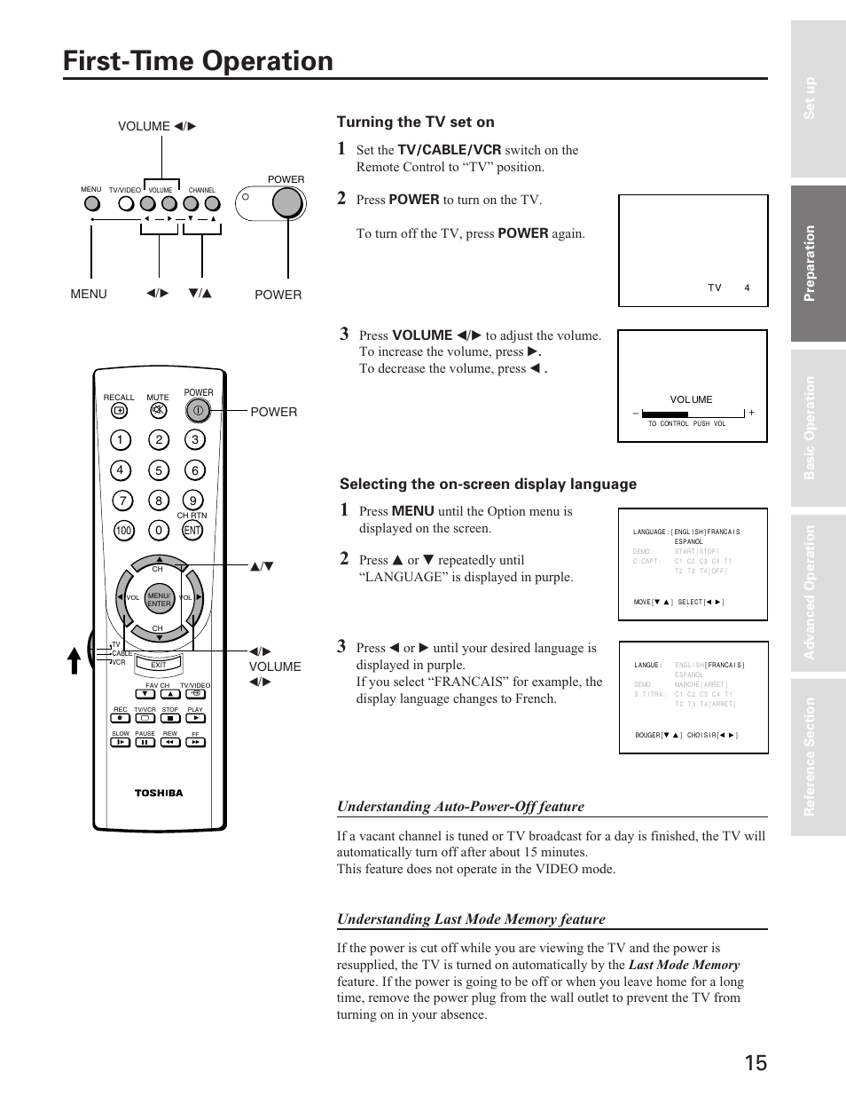 First time operation, First-time operation, Turning the tv set on | Selecting the on-screen display language, Understanding auto-power-off feature | Toshiba Color Television 27A40 User Manual | Page 15 / 36