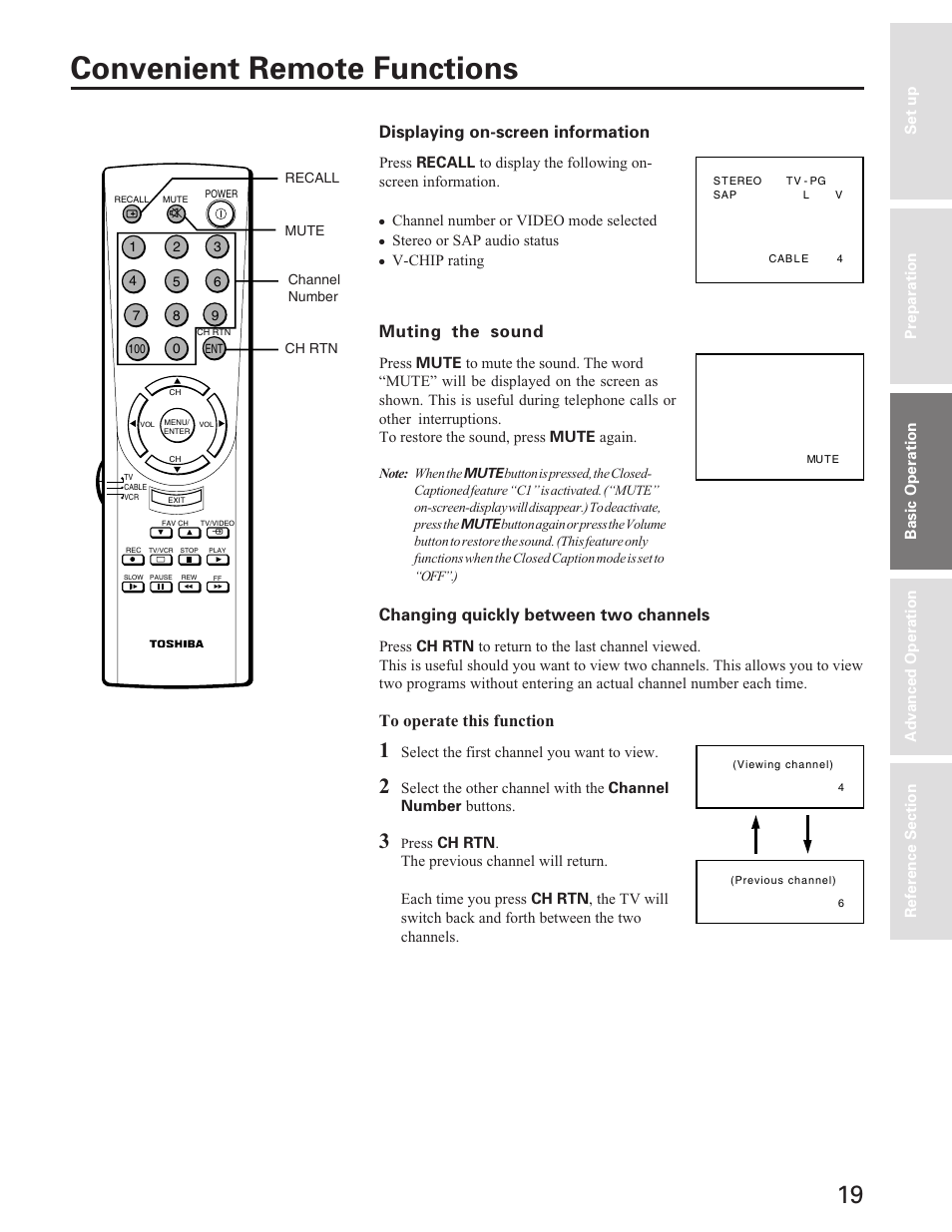 Convenient remote functions, Muting the sound | Toshiba Color Television 27A40 User Manual | Page 19 / 36