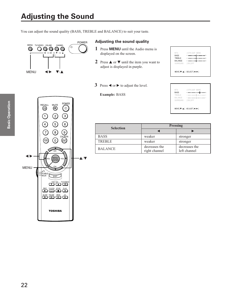 Adjusting the sound, Adjusting the sound quality | Toshiba Color Television 27A40 User Manual | Page 22 / 36