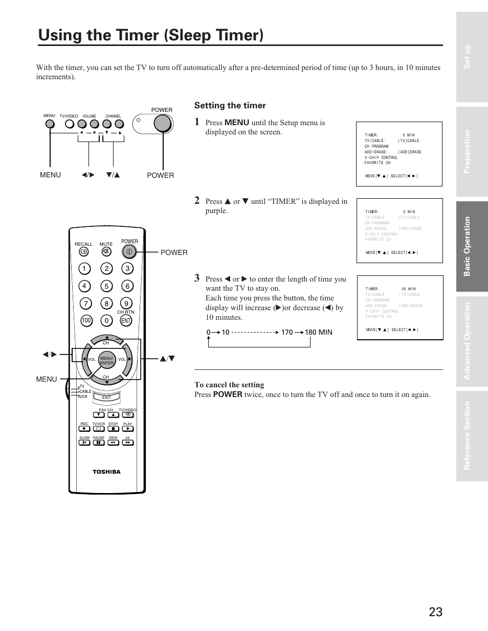 Using the timer (sleep timer), Setting the timer, S/t t/s | Press s or t until “timer” is displayed in purple, Basic operation, Power, Menu, Power t / s t / s menu | Toshiba Color Television 27A40 User Manual | Page 23 / 36