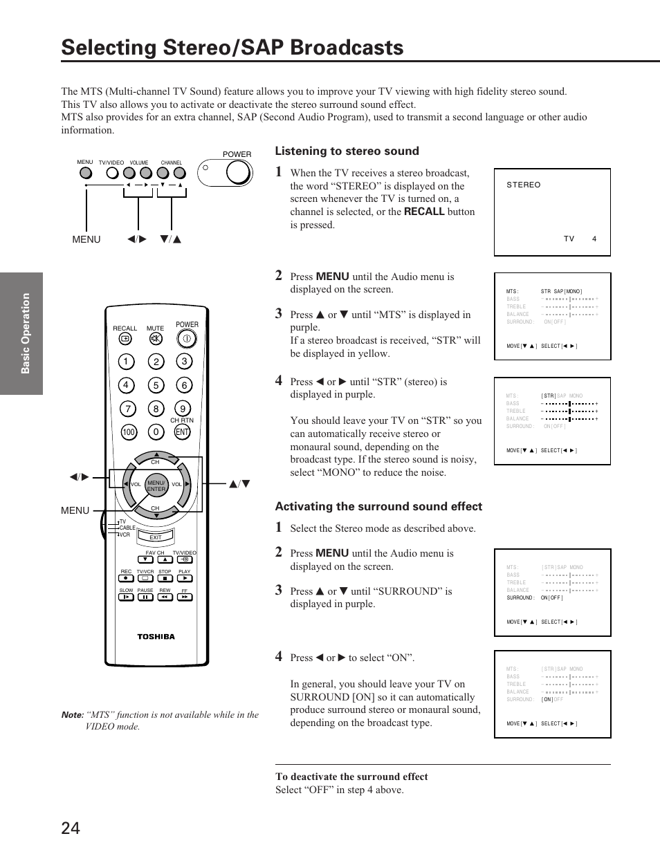 Selecting stereo/sap broadcasts, Listening to stereo sound, Activating the surround sound effect | Select the stereo mode as described above, T/s t/s, Menu | Toshiba Color Television 27A40 User Manual | Page 24 / 36