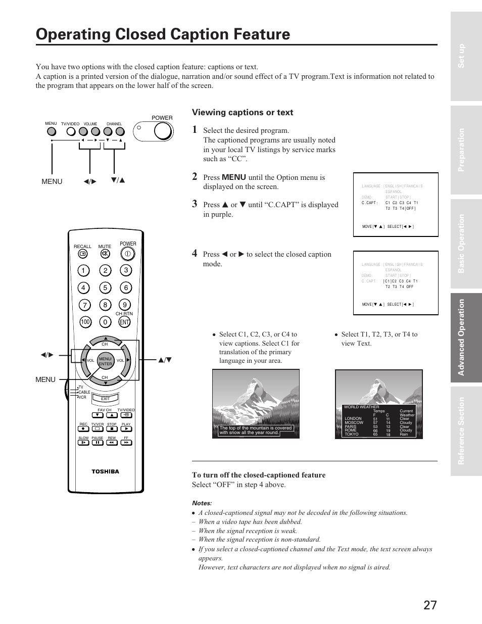 Operating closed caption feature, Viewing captions or text, Press s or t until “c.capt” is displayed in purple | Press t or s to select the closed caption mode, Advanced operation | Toshiba Color Television 27A40 User Manual | Page 27 / 36