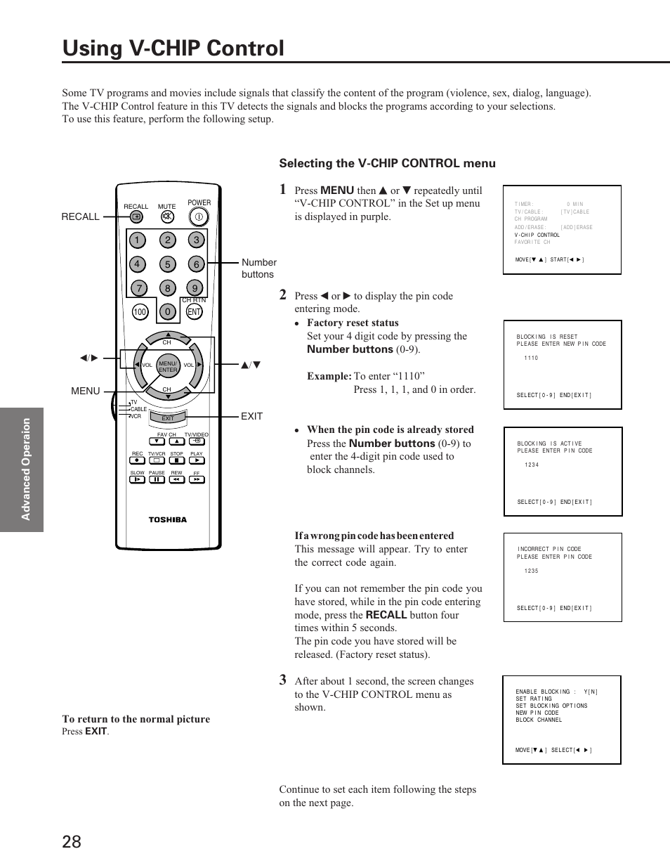 Using v-chip control, Selecting the v-chip control menu, Press t or s to display the pin code entering mode | Toshiba Color Television 27A40 User Manual | Page 28 / 36