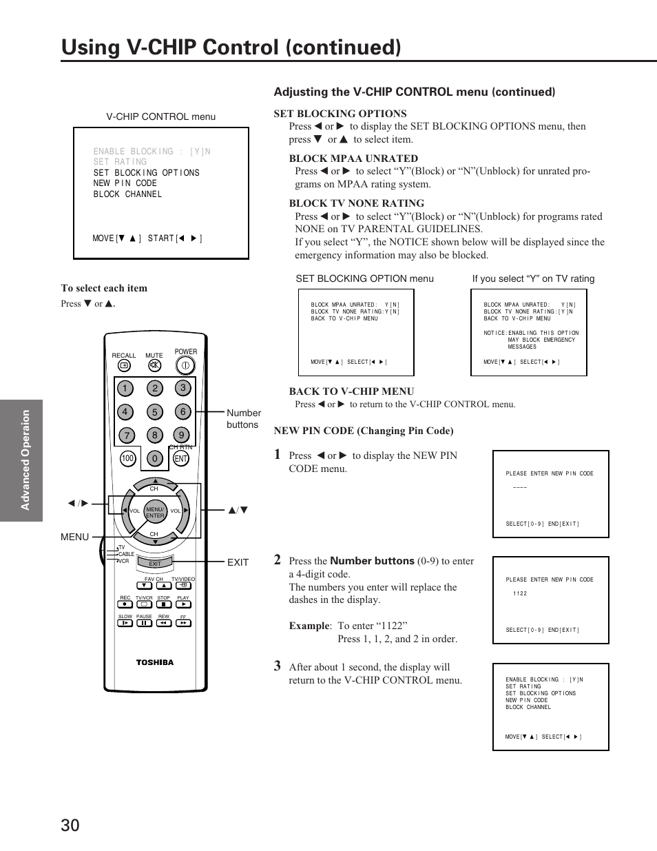 Using v-chip control (continued), Adjusting the v-chip control menu (continued) | Toshiba Color Television 27A40 User Manual | Page 30 / 36