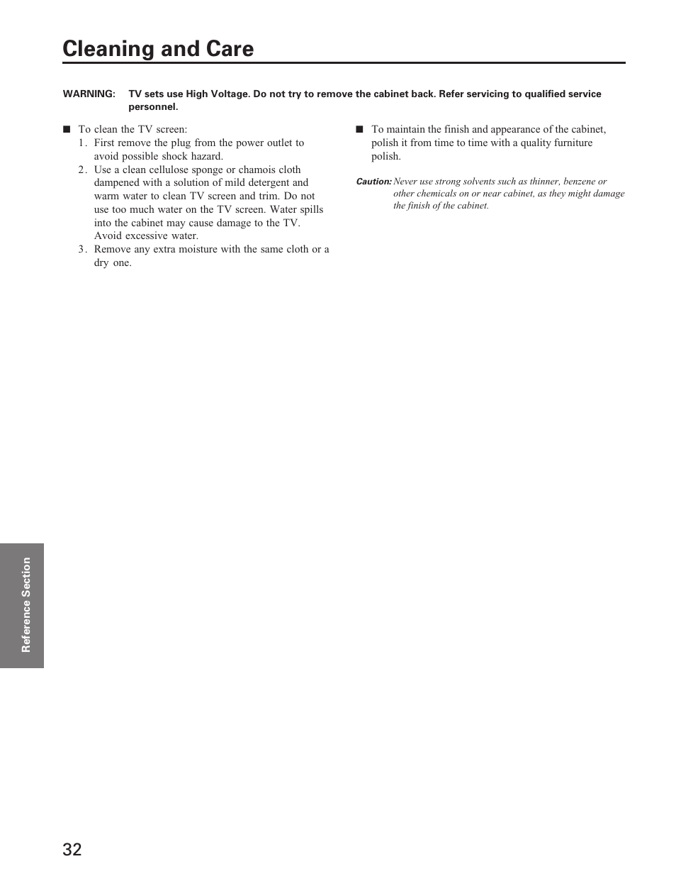 Reference section, Cleaning and care | Toshiba Color Television 27A40 User Manual | Page 32 / 36