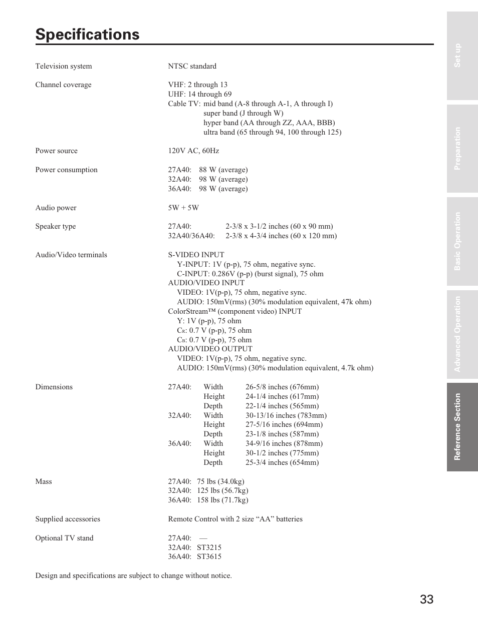 Specifications | Toshiba Color Television 27A40 User Manual | Page 33 / 36