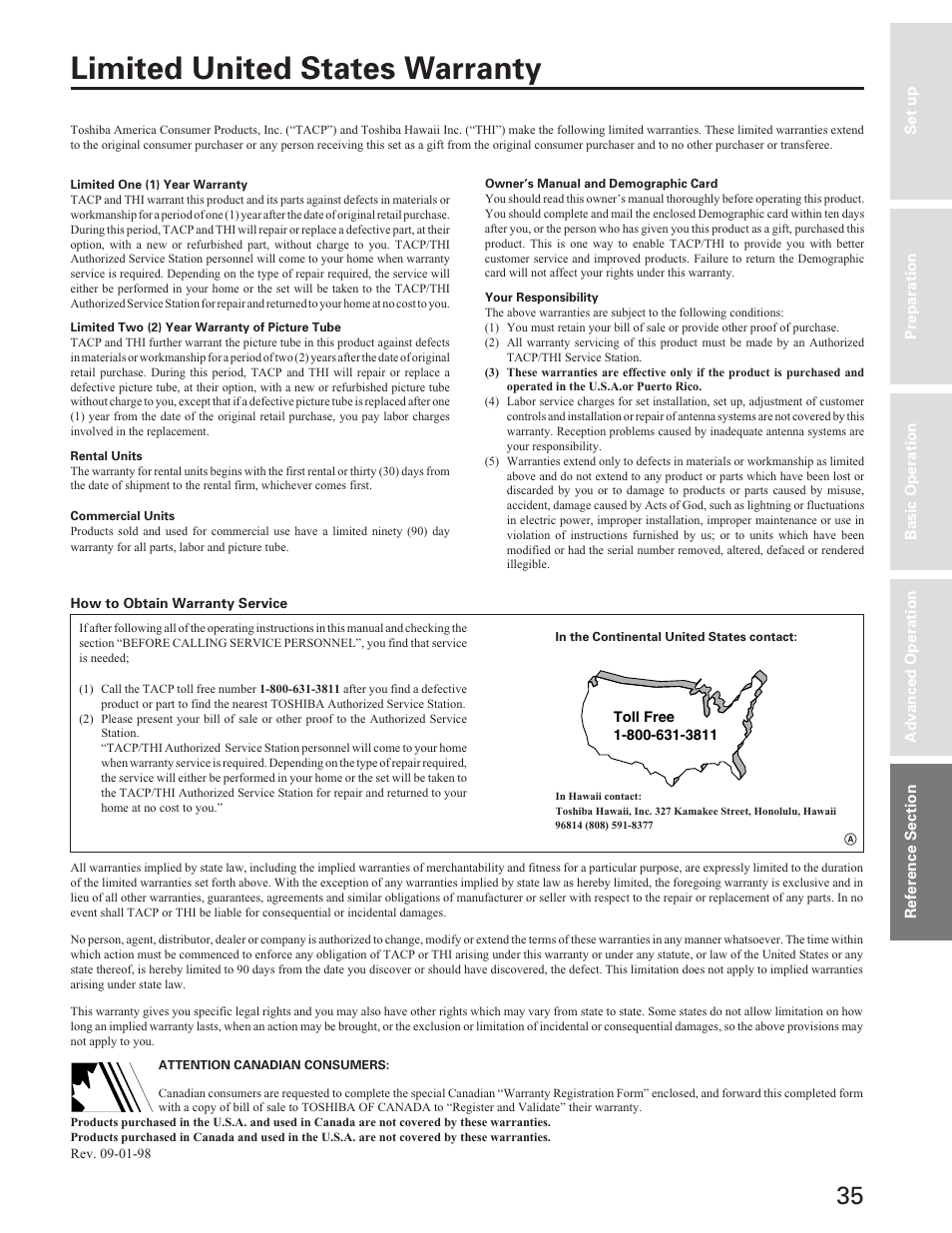 Limited warranty, Limited united states warranty | Toshiba Color Television 27A40 User Manual | Page 35 / 36