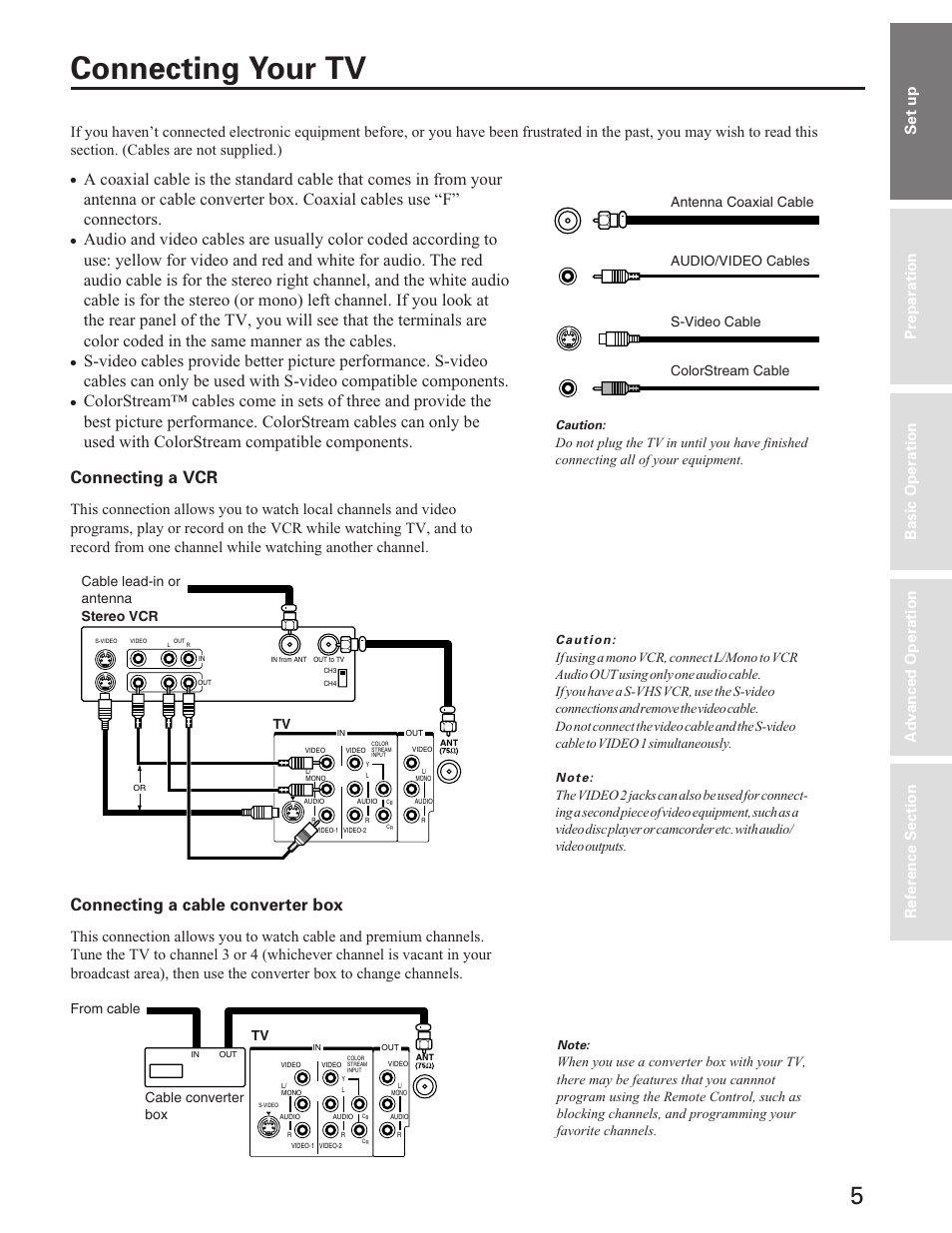 Connecting your tv, Cable converter box, Connecting a vcr | Connecting a cable converter box, Set up, Colorstream cable | Toshiba Color Television 27A40 User Manual | Page 5 / 36