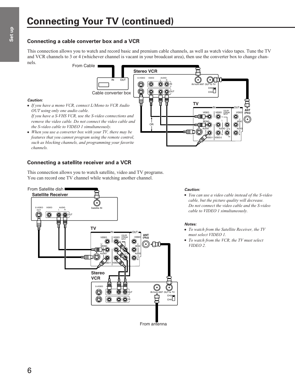 Cable converter box and a vcr, Satellilte receiver and a vcr, Connecting your tv (continued) | Connecting a cable converter box and a vcr, Connecting a satellite receiver and a vcr | Toshiba Color Television 27A40 User Manual | Page 6 / 36