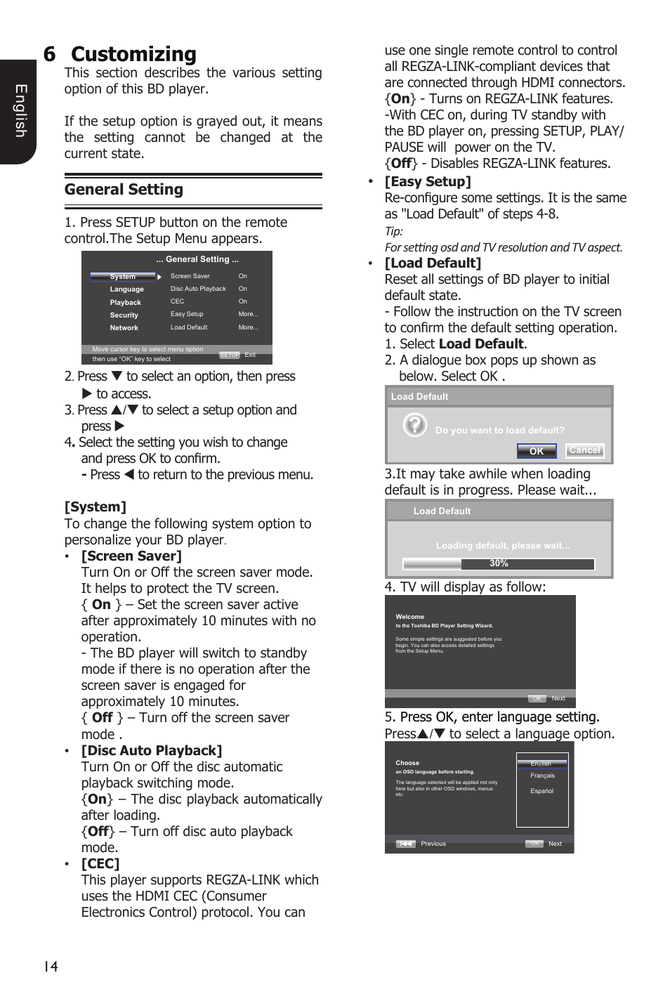 6customizing, 1 e ng lis h, General setting | Toshiba BDX1100KU User Manual | Page 14 / 46