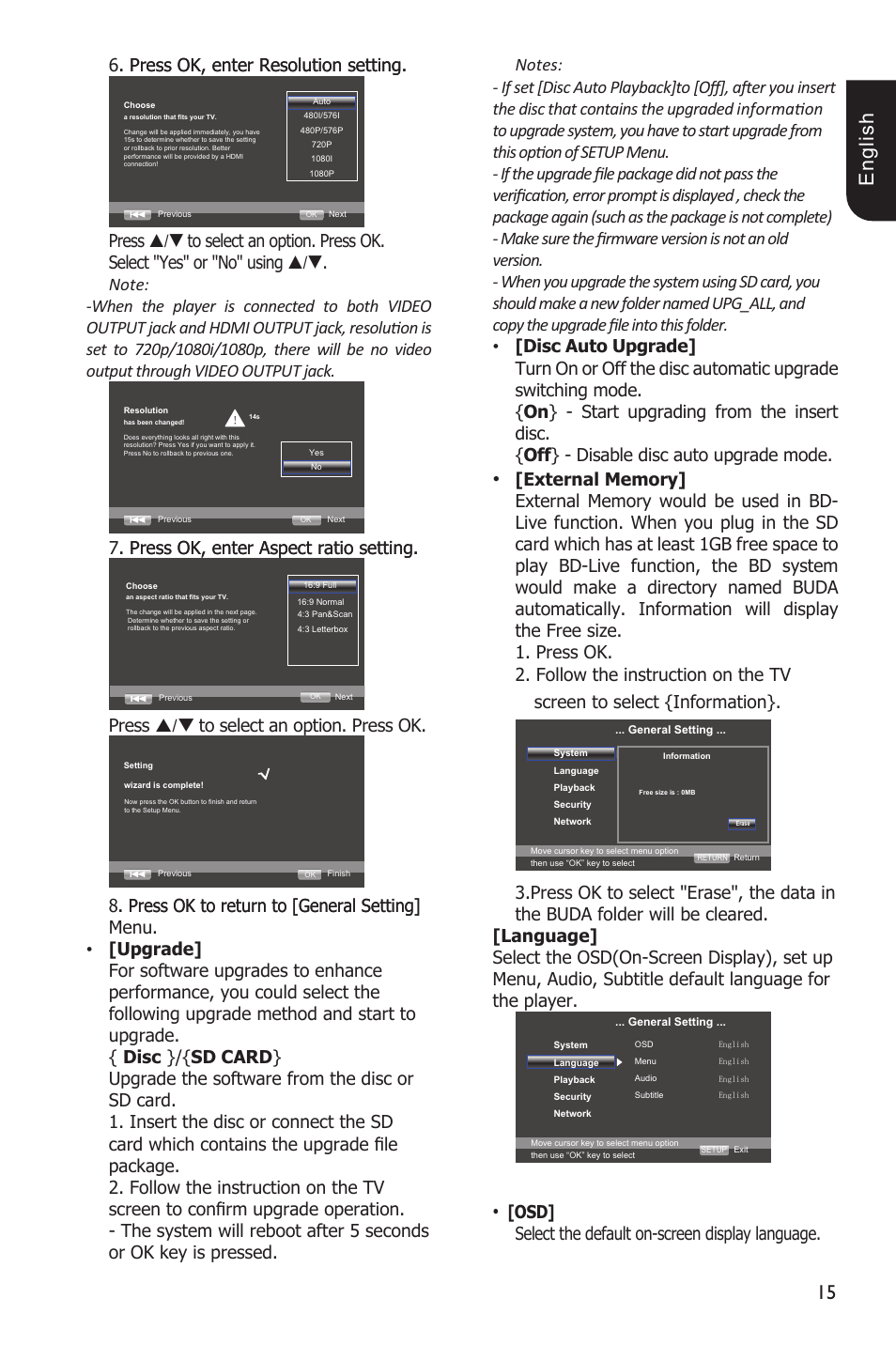 1 e ng lis h, Press./ to.select.an.option..press.ok, Osd] select.the.default.on-screen.display.language | Toshiba BDX1100KU User Manual | Page 15 / 46