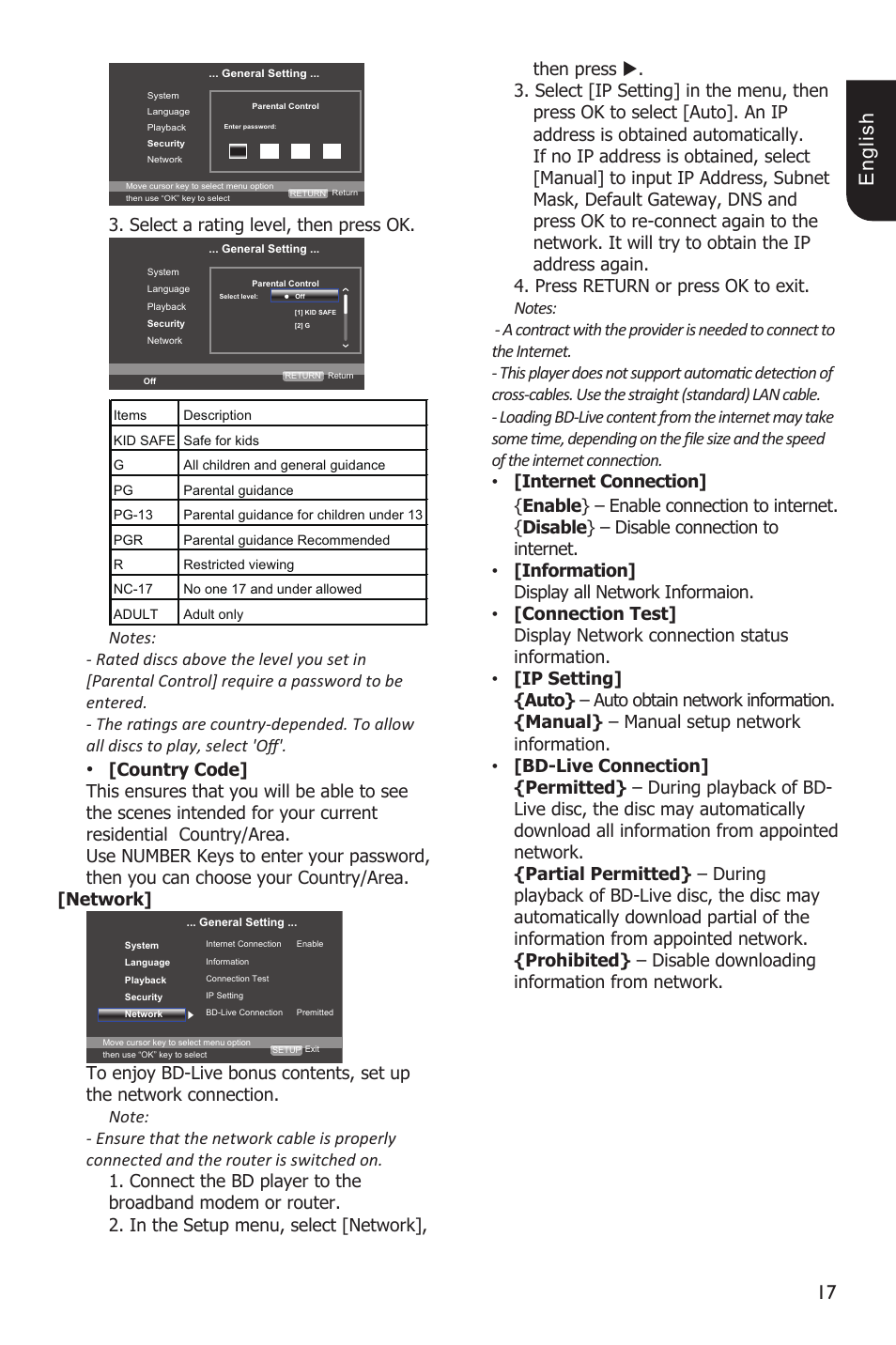 1 e ng lis h, Select.a.rating.level,.then.press.ok | Toshiba BDX1100KU User Manual | Page 17 / 46