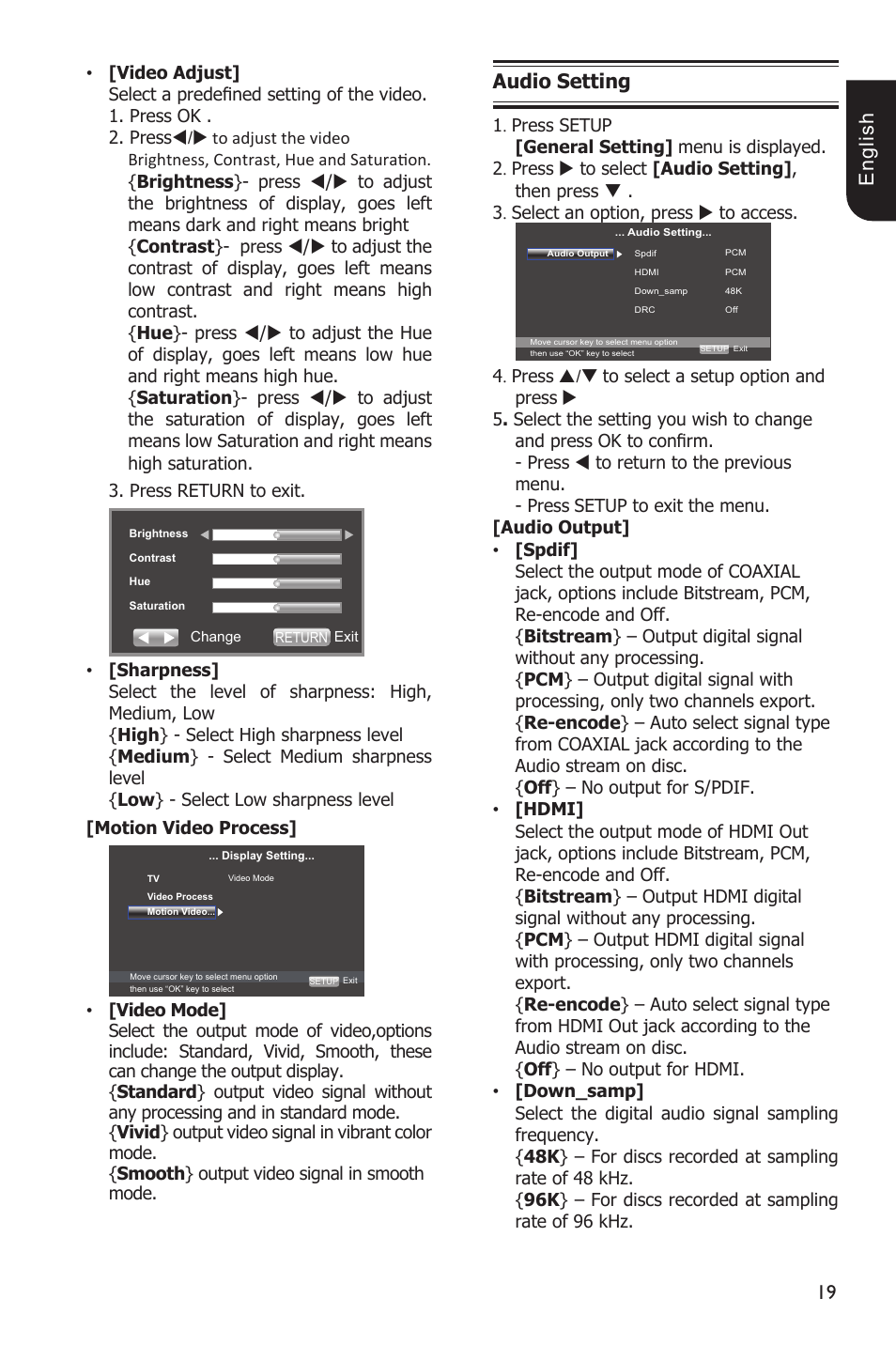 1 e ng lis h, Audio setting | Toshiba BDX1100KU User Manual | Page 19 / 46