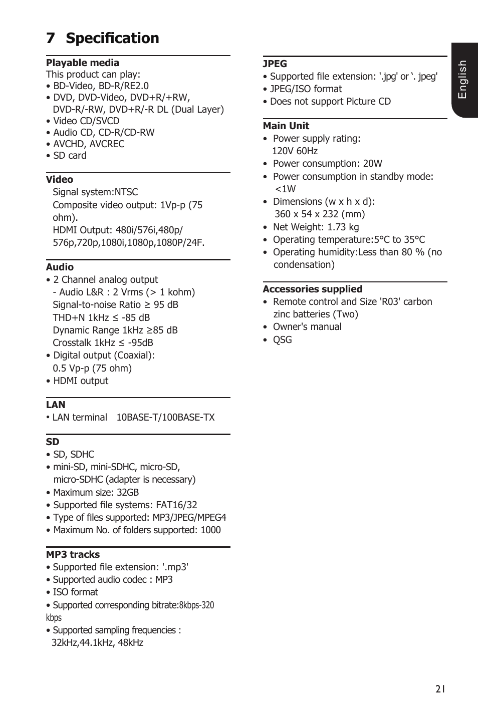 7specification | Toshiba BDX1100KU User Manual | Page 21 / 46