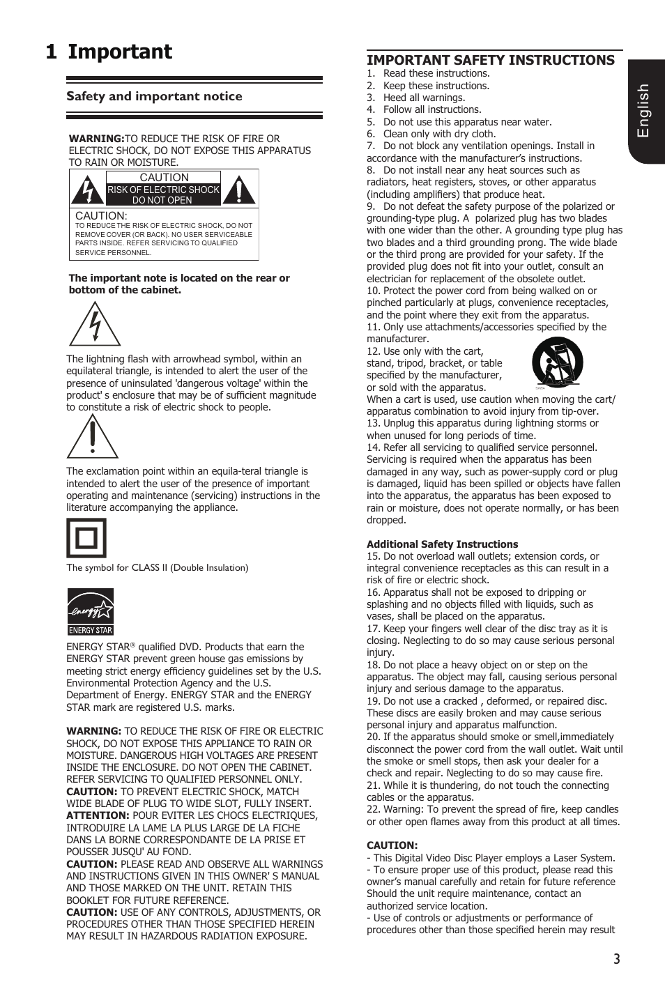 1important, E ng lis h, Important safety instructions | Safety and important notice | Toshiba BDX1100KU User Manual | Page 3 / 46